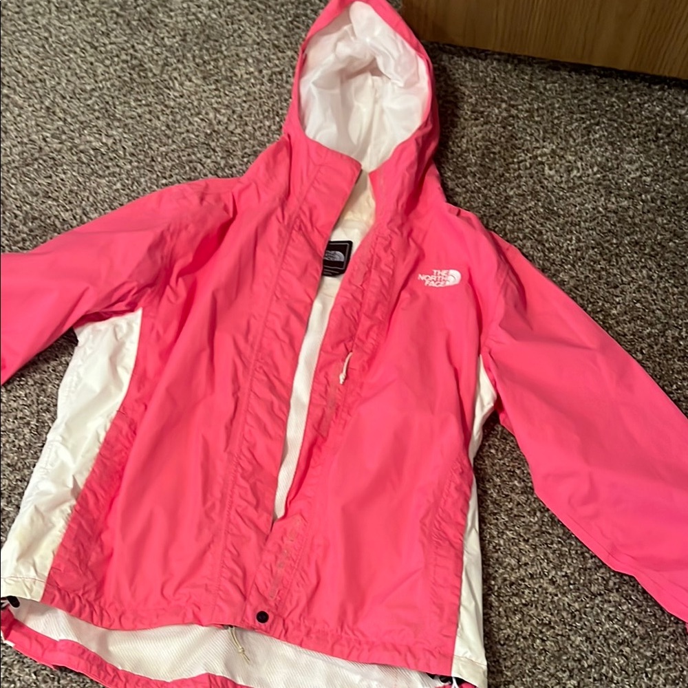 The North Face Pink and White Hooded Raincoat Weather-Resistant